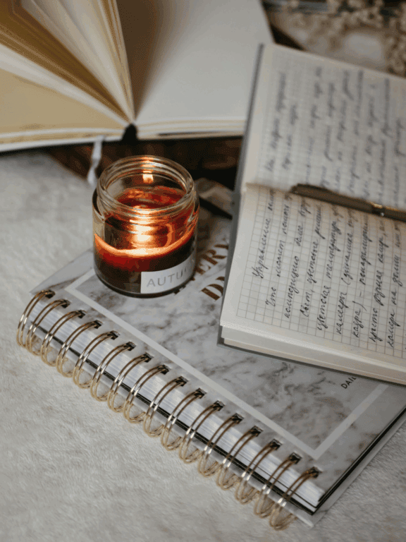 Kerzen, Notizbuch und Horoskop-Studienmaterial für persönliche Astrologie- und Horoskopanalyse, spirituelle Entwicklung, Astrologie-Lesungen und astrologische Beratung.