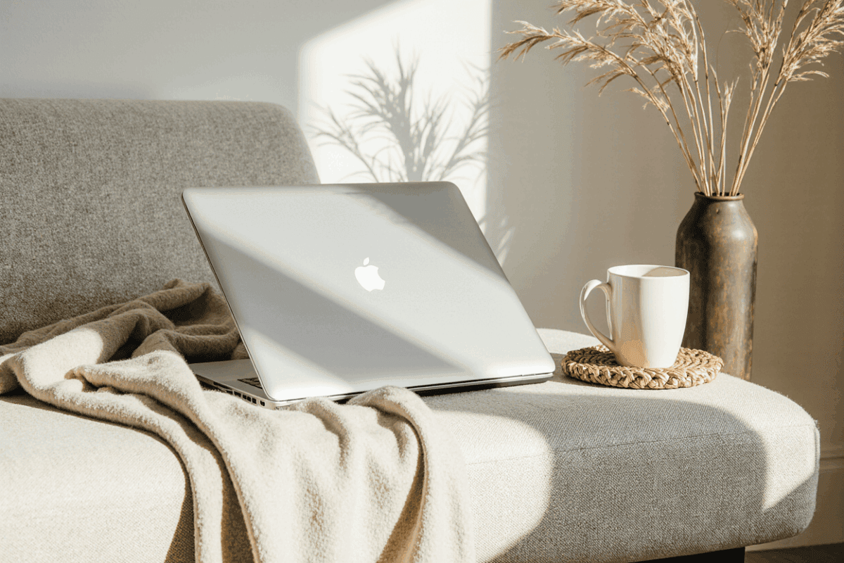 Portfolio 1 Laptop auf einer Couch mit natürlichem Licht, umgeben von einer Vase mit Trockenblumen und einer Tasse Kaffee, schafft eine gemütliche Atmosphäre für Online-Astrologie- und Horoskop-Dienstleistungen.