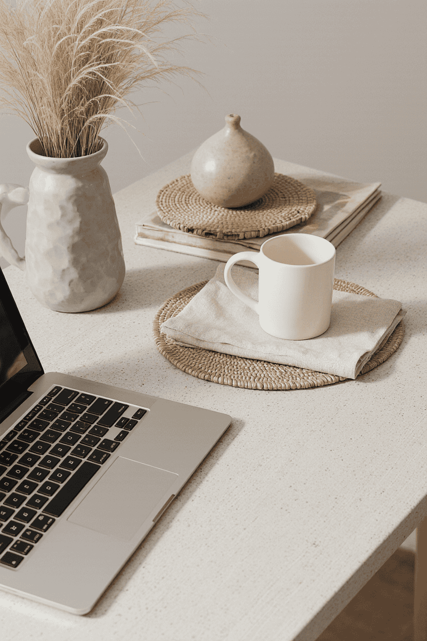 Vase mit getrockneten Gräsern, Tasse, Laptop, Dekoration und Bücher in hellem, minimalistischem Design für Astrologie- und Horoskop-Website.